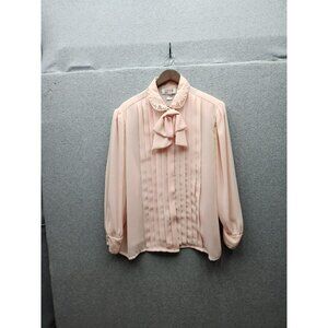Vintage Josephine Women's Blouse Pink Pleated Front Bow Tie Collar Lace Cuffs 20